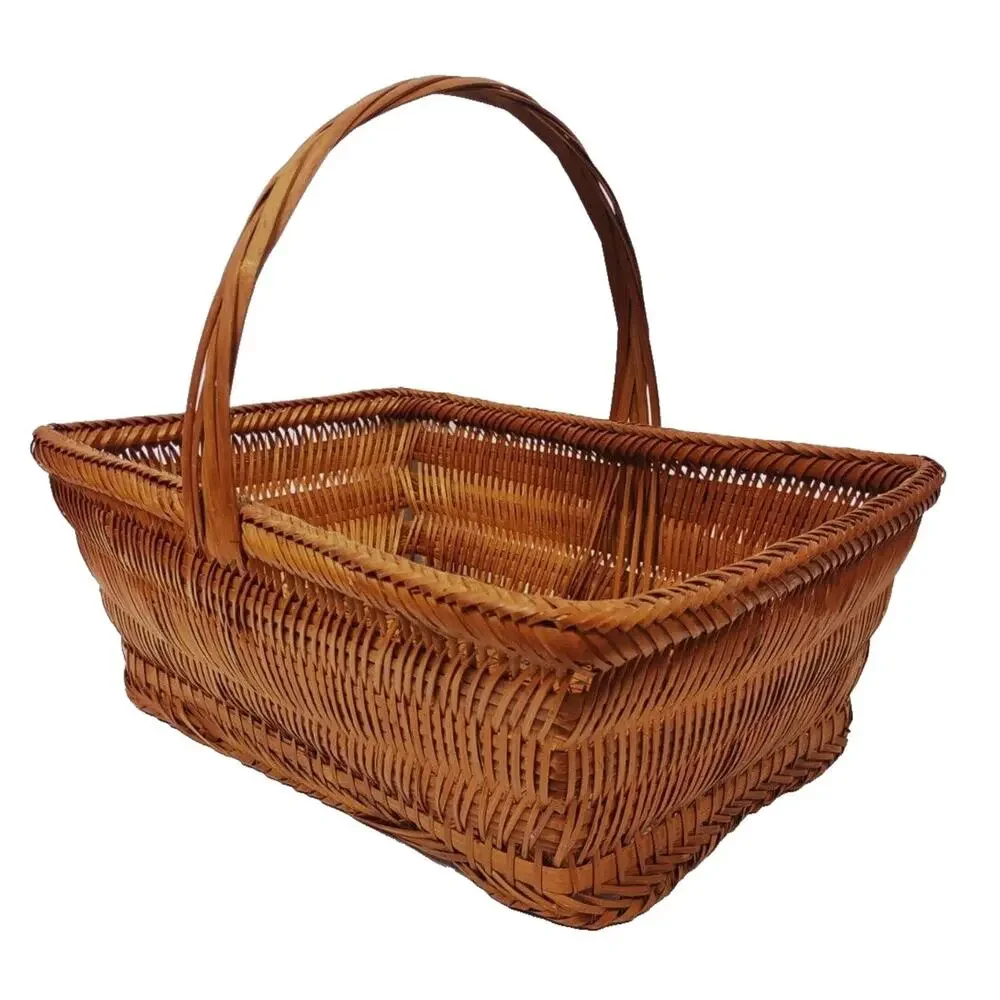 Antique Chinese Split Bamboo Handmade Woven Gathering Basket with Handle 14